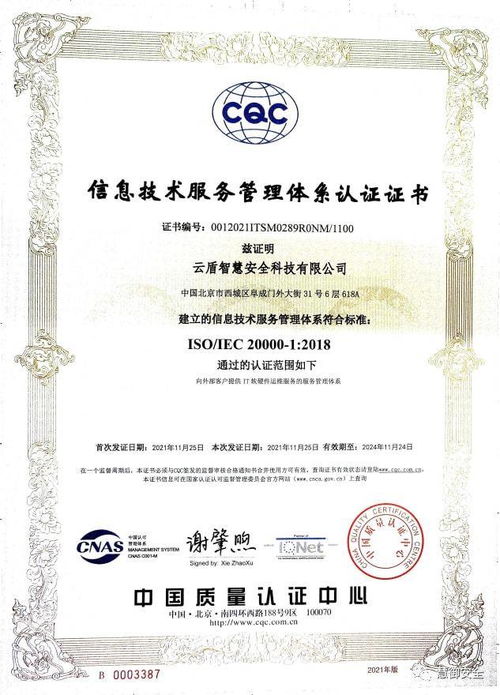 云盾智慧获得ISO20000信息技术服务管理体系认证证书